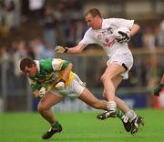 16 June 2002; Padraig Mullarkey of Kildare in action against Paudie Mulhare of Offaly during the Bank of Ireland Leinster Senior Football Championship Semi-Final match between Kildare and Offaly at Nowlan Park in Kilkenny. Photo by Ray McManus/Sportsfile