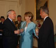 18 June 2002; President of Ireland, Mary McAleese, talk with An Taoiseach, Bertie Aherne, T.D., left, and Republic of Ireland manager Mick McCarthy during a reception at çras an Uachtaráin prior to the Republic of Ireland homecoming in Phoenix Park, Dublin, following the 2002 FIFA World Cup Finals in South Korea and Japan. Photo by Aoife Rice/Sportsfile