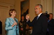 18 June 2002; President of Ireland Mary McAleese welcomes the Republic of Ireland manager Mick McCarthy during a reception at çras an Uachtaráin prior to the Republic of Ireland homecoming in Phoenix Park, Dublin, following the 2002 FIFA World Cup Finals in South Korea and Japan. Photo by Aoife Rice/Sportsfile