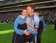 23 June 2002; Dublin's Jim Gavin and Peader Andrews, right, following their side's victory during the Bank of Ireland Leinster Senior Football Championship Semi-Final match between Dublin and Meath at Croke Park in Dublin. Photo by Damien Eagers/Sportsfile
