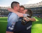 23 June 2002; Dublin manager Tommy Lyons, right, celebrates with Peadar Andrews, centre, and Darren Homan following their side's victory during the Bank of Ireland Leinster Senior Football Championship Semi-Final match between Dublin and Meath at Croke Park in Dublin. Photo by Damien Eagers/Sportsfile