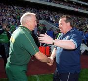 23 June 2002; Dublin manager Tommy Lyons, right, shakes hands with Meath manager Sean Boyan following the Bank of Ireland Leinster Senior Football Championship Semi-Final match between Dublin and Meath at Croke Park in Dublin. Photo by Damien Eagers/Sportsfile