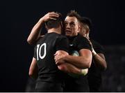 16 June 2017; Beauden Barrett, 10, is congratulated by his New Zealand team-mate Israel Dagg after scoring their side's second try during the International Test match between the New Zealand All Blacks and Samoa at Eden Park in Auckland, New Zealand. Photo by Stephen McCarthy/Sportsfile