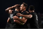 16 June 2017; Beauden Barrett, 10, is congratulated by his New Zealand team-mates Israel Dagg and Anton Lienert-Brown, 13, after scoring their side's second try during the International Test match between the New Zealand All Blacks and Samoa at Eden Park in Auckland, New Zealand. Photo by Stephen McCarthy/Sportsfile