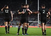 16 June 2017; Julian Savea, 11, is congratulated by his New Zealand team-mate Beauden Barrett after scoring his side's sixth try during the International Test match between the New Zealand All Blacks and Samoa at Eden Park in Auckland, New Zealand. Photo by Stephen McCarthy/Sportsfile