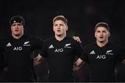 16 June 2017; Brothers, from left, Scott Barrett, Jordie Barrett and Beauden Barrett of New Zealand during the National Anthem prior to the International Test match between the New Zealand All Blacks and Samoa at Eden Park in Auckland, New Zealand. Photo by Stephen McCarthy/Sportsfile