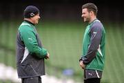 4 February 2012; Ireland head coach Declan Kidney in conversation with Fergus McFadden during the squad captain's run ahead of their side's RBS Six Nations Rugby Championship game against Wales on Sunday. Ireland Rugby Squad Captain's Run, Aviva Stadium, Lansdowne Road, Dublin. Picture credit: Brendan Moran / SPORTSFILE