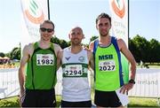 17 June 2017; Men's race medallists, from left, Sean Hehir, silver, Kevin Maunsell, gold and John Coghlan, bronze, following the Irish Runner 5 Mile at the Phoenix Park in Dublin. Photo by Sam Barnes/Sportsfile