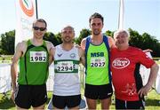 17 June 2017; Men's race medallists, from left, Sean Hehir, silver, Kevin Maunsell, gold and John Coghlan, bronze, with Irish Runner Editor Frank Greally, following the Irish Runner 5 Mile at the Phoenix Park in Dublin. Photo by Sam Barnes/Sportsfile