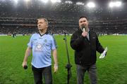 4 February 2012; Robert Carley, left, of Suicide or Survive and MC Paul Collins, speaking to the crowd during half-time. Kick Up A Storm, Croke Park, Dublin. Picture credit: Brendan Moran / SPORTSFILE