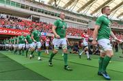 17 June 2017; The Ireland team, led by Dan Leavy, right, and Devin Toner, walk onto the pitch prior to the international rugby match between Japan and Ireland at the Shizuoka Epoca Stadium in Fukuroi, Shizuoka Prefecture, Japan. Photo by Brendan Moran/Sportsfile
