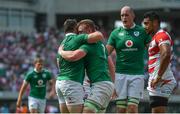 17 June 2017; Dan Leavy of Ireland, 2nd from left, is congratulated by team-mate Cian Healy after scoring their side's second try during the international rugby match between Japan and Ireland at the Shizuoka Epoca Stadium in Fukuroi, Shizuoka Prefecture, Japan. Photo by Brendan Moran/Sportsfile