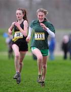 8 February 2012; Eventual second place Sarah Fitzpatrick, Our Lady's, Templeogue, Co. Dublin, right, battles with third place Sarah Ni Mhaolmhuire, Colaiste Iosagain, Co. Dublin, on the home straight, during the Intermediate Girls race, at the Aviva Leinster Schools' Cross Country Championships. The Demense, Santry, Dublin. Picture credit: Brian Lawless / SPORTSFILE