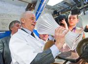 10 February 2012; Republic of Ireland manager Giovanni Trapattoni tries his skills at wedge cutting a the house of Waterford Crystal, The Mall, Waterford City. Picture credit: David Maher / SPORTSFILE