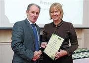 10 February 2012; Brian Kerr presenting Heather Coyle with her HSI Level 3 Show Jumping Course Certificate. RDS, Ballsbridge, Dublin. Photo by Sportsfile