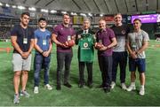 19 June 2017; Ireland captain Rhys Ruddock and head coach Joe Schmidt make a presentation to Shigeyuki Watanabe, Director, Japan Americal Football Association, in the company of Ireland players, from left, Tiernan O'Halloran, Paddy Jackson, Dan Leavy and Luke McGrath, at half-time in the Pearl Bowl, at the American Football East Japan Shakaijin Championship Final game between the IBM BigBlue and the OBIC Seagulls in the Tokyo Dome in Tokyo, Japan. Photo by Brendan Moran/Sportsfile