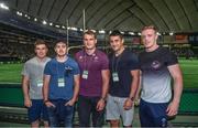 19 June 2017; Ireland players, from left, Luke McGrath, Paddy Jackson, Rhys Ruddock, Tiernan O'Halloran, and Dan Leavy during half-time in the Pearl Bowl, at the American Football East Japan Shakaijin Championship Final game between the IBM BigBlue and the OBIC Seagulls, in the Tokyo Dome in Tokyo, Japan. Photo by Brendan Moran/Sportsfile