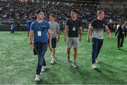 19 June 2017; Ireland players, from left, Paddy Jackson, Luke McGrath, Tiernan O'Halloran, and Dan Leavy during half-time in the Pearl Bowl, at the American Football East Japan Shakaijin Championship Final game between the IBM BigBlue and the OBIC Seagulls, in the Tokyo Dome in Tokyo, Japan. Photo by Brendan Moran/Sportsfile