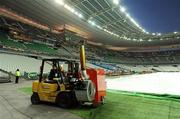 11 February 2012; A forklift removes a heater from the pitch at Stade de France before the game. RBS Six Nations Rugby Championship, France v Ireland, Stade de France, Paris, France. Picture credit: Brendan Moran / SPORTSFILE