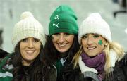 11 February 2012; Ireland supporters, from left, Yvonne Fleming, from Dublin, Andrea Lyng, from Inistioge, Co. Kilkenny, and Sarah Jane Brady, from Drumree, Co. Meath, at the game. RBS Six Nations Rugby Championship, France v Ireland, Stade de France, Paris, France. Picture credit: Brendan Moran / SPORTSFILE