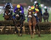 12 February 2012; Hisaabaat, centre, with Andrew Lynch up, after jumping the last on their way to winning the Spring Juvenile Hurdle from eventual second place Shadow Catcher, right, with David Condon up. Leopardstown Racecourse, Leopardstown, Co. Dublin. Picture credit: Matt Browne / SPORTSFILE