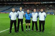 11 February 2012; Referee Eamon Hasson with his umpires before the game. AIB GAA Hurling All-Ireland Junior Club Championship Final, Charleville, Cork v St. Patrick's Ballyragget, Co. Kilkenny, Croke Park, Dublin. Picture credit: Pat Murphy / SPORTSFILE