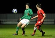 15 February 2012; Michael Duffy, Republic of Ireland, in action against Kyle Cockins, Wales. Under 18 International, Republic of Ireland v Wales, Ferrycarrig Park, Wexford. Picture credit: Barry Cregg / SPORTSFILE