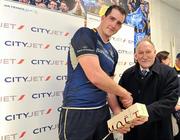 17 February 2012; Leinster's Devin Toner is presented with his Most Valued Player Award by Tony Regan, General Manager, Flight Operations, Cityjet. RDS, Ballsbridge, Dublin. Picture credit: Ray Lohan / SPORTSFILE