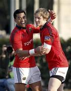 18 February 2012; Danny Barnes, right, Munster, is congratulated by team mate Lifeimi Mafi after scoring his side's first try. Celtic League, Treviso v Munster, Stadio di Mongio, Treviso, Italy. Picture credit: Roberto Bregani / SPORTSFILE