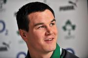 20 February 2012; Ireland's Jonathan Sexton speaking to the media during a press conference ahead of their side's RBS Six Nations Rugby Championship game against Italy on Saturday. Ireland Rugby Squad Press Conference, Carton House, Maynooth, Co. Kildare. Picture credit: Barry Cregg / SPORTSFILE