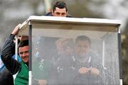 20 February 2012; Ireland players from left, Fergus McFadden, Rob Kearney, Stephen Ferris and Jamie Heaslip make their way to squad training ahead of their side's RBS Six Nations Rugby Championship game against Italy on Saturday. Ireland Rugby Squad Training, Carton House, Maynooth, Co. Kildare. Picture credit: Barry Cregg / SPORTSFILE