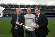 21 February 2012; Headstrong, the National Centre for Youth Mental Health and the Gaelic Players Association announced details of a new mental health partnership. Through the GPA, 25 county players have come forward to act as Youth Mental Health advocates in their communitites. At the announcement are Dr. Tony Bates, Founding Director of Headstrong, left, GPA Chief Executive Dessie Farrell, right, and Aiden Carter, Louth hurling. Croke Park, Dublin. Picture credit: Brian Lawless / SPORTSFILE