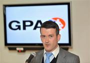 21 February 2012; Headstrong, the National Centre for Youth Mental Health and the Gaelic Players Association announced details of a new mental health partnership. Through the GPA, 25 county players have come forward to act as Youth Mental Health advocates in their communitites. Speaking at the announcement is GPA Chairman Dónal Óg Cusack. Croke Park, Dublin. Picture credit: Brian Lawless / SPORTSFILE