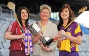 21 February 2012; In attendance at the launch of the Irish Daily Star National Camogie League are, from left, Tara Ruttledge, Galway, Joan O'Flynn, President of The Camogie Association and Catherine O'Loughlin, Wexford. Croke Park, Dublin. Picture credit: Brendan Moran / SPORTSFILE