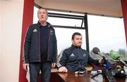 22 February 2012; Munster media manager Pat Geraghty, alongside Damien Varley, right, makes the official announcement that Tony McGahan is to leave Munster Rugby at the end of this season, during a press conference ahead of their Celtic League game against Cardiff Blues on Friday. Munster Rugby Press Conference, University of Limerick, Limerick. Picture credit: Diarmuid Greene / SPORTSFILE