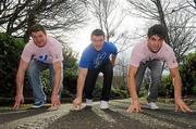 22 February 2012; In advance of this weekend's crucial game with Italy, Munster and Ireland rugby stars Donnacha Ryan, left, Peter O'Mahony, and Conor Murray, right, line out to launch this year's Calcutta Run. The Calcutta Run raises vital funds for the Peter McVerry Trust and GOAL's work with homeless young people in Dublin and Calcutta. The 10km run/walk takes place on Saturday 26th May 2012 starting at the Law Society, Blackhall Place, Dublin, continuing through the Phoenix Park. Over 1,000 runners and walkers are expected to take part. Calcutta Run Photocall, Merrion Square, Dublin. Picture credit: Pat Murphy / SPORTSFILE