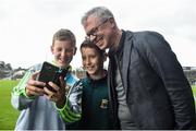 1 July 2017; RTE Pundit Joe Brolly with Mayo supporters Peter McHugh, age 12,  left, and his brother Tom, age 10, both from Hollymount Co. Mayo, before the start of the GAA Football All-Ireland Senior Championship Round 2A match between Mayo and Derry at Elverys MacHale Park, in Castlebar, Co Mayo. Photo by David Maher/Sportsfile