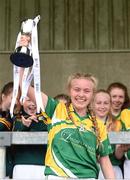 1 July 2017; Leitrim captain Siomha Quinn lifts the cup after her team won the All Ireland Ladies Football Under 14 B Final between Armagh and Leitrim at O’Connell Park in Drumlane, Co Cavan. Photo by Barry Cregg/Sportsfile