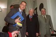 12 July 2002; Declan Conroy, (left), director of Conroy O'Rourke, Brendan Menton, centre, Chief Executive of the FAI, and Milo Corcoran, President of the FAI, pictured in government building after a meeting with An Taoiseach, Bertie Ahern, T.D, Dublin. Soccer. Picture credit; Damien Eagers / SPORTSFILE