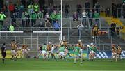 1 July 2017; Referee Brian Gavin and Limerick supporters in the town end terraces watch as Lester Ryan, 21, prepares to catch sliothar, in the square, after a last minute free for Limerick during the GAA Hurling All-Ireland Senior Championship Round 1 match between Kilkenny and Limerick at Nowlan Park in Kilkenny. Photo by Ray McManus/Sportsfile