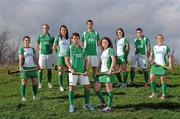 1 March 2012; Irish players in attendance at the Irish Hockey Association announcement of the Men's and Women's squads of the forthcoming Olympic Qualifying Tournaments in Dublin and Belgium, from left, Lizzie Colvin, Eugene Magee, Audrey O'Flynn, Ronan Gormley, Men's captain, Geoff McCabe, Alex Speers, Women's captain, Lisa Jacob, John Jackson and Nikki Symmons. UCD, Belfield, Dublin. Picture credit: Brendan Moran / SPORTSFILE