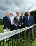 4 July 2017; At the launch of the Dún Laoghaire-Rathdown Men’s International Tennis Championships which will take place at Carrickmines Tennis Club from the 16th – 22nd July are, from left, Alan Looney, President of Carrickmines Tennis Club, Pat Crowe, Tennis Director, Carrickmines Tennis Club, Councillor Tom Murphy, Cathaoirleach of Dún Laoghaire-Rathdown County Council, former professional player Conor Niland and Richard Fahey, CEO, Tennis Ireland. Photo by Ramsey Cardy/Sportsfile