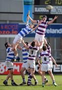 1 March 2012; Daniel O'Mahony, Clongowes Wood College SJ, wins possession in a lineout against Aaron Cassidy, Blackrock College. Powerade Leinster Schools Junior Cup, 2nd Round, Clongowes Wood College SJ v Blackrock College, Donnybrook Stadium, Donnybrook, Dublin. Picture credit: Matt Browne / SPORTSFILE