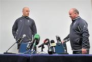 3 March 2012; Ireland captain Paul O'Connell, left, and head coach Declan Kidney arrive for their press conference ahead of their RBS Six Nations Championship refixture against France on Sunday. Ireland Rugby Squad Press Conference, Stade de France, Paris, France. Picture credit: Brendan Moran / SPORTSFILE