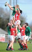 3 March 2012; Claire Molloy, Ireland, wins possession for her side in the lineout ahead of Shona Powell Hughes, Wales. Women's Six Nations Rugby Championship, Refixture, Ireland v Wales, Ashbourne RFC, Ashbourne, Co. Meath. Picture credit: Matt Browne / SPORTSFILE