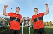 3 March 2012; UCC players, and brothers, Pauric, left, and Philip Mahony celebrate with the cup after victory over CIT. Irish Daily Mail Fitzgibbon Cup Final, University College Cork v Cork Institute of Technology, Mardyke Arena, Cork. Picture credit: Diarmuid Greene / SPORTSFILE