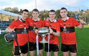 3 March 2012; UCC players, all from Waterford, from left to right, Dara Fives, Philip Mahony, Brian O'Sullivan and Pauric Mahony celebrate with the cup after victory over CIT. Irish Daily Mail Fitzgibbon Cup Final, University College Cork v Cork Institute of Technology, Mardyke Arena, Cork. Picture credit: Diarmuid Greene / SPORTSFILE