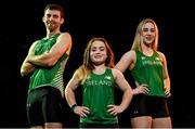 5 July 2017; Athletes, from left, 400m sprinter Paul Keogan, discus thrower Niamh McCarthy and 100m sprinter Orla Comerford at the announcement of the Irish team of ten athletes set to compete at Para Athletics World Championships at the in London’s Olympic Stadium from July 14th until 23rd inclusive. The announcement took place at The National Indoor Arena, National Sports Campus in Blanchardstown, Dublin. Photo by Sam Barnes/Sportsfile