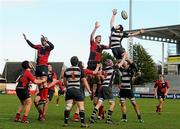 5 March 2012; Stephen Arneill, Wallace High School, right, contests a lineout against Grant Bartley, Ballyclare High School. Northern Bank Ulster Rugby Schools Senior Cup Semi-Final, Wallace High School v Ballyclare High School. Ravenhill Park, Belfast, Co. Antrim. Picture credit: Oliver McVeigh / SPORTSFILE