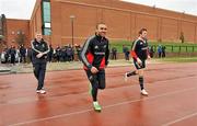 6 March 2012; Munster's Simon Zebo and Denis Fogarty, right, their way out for squad training ahead of their side's Celtic League game against Aironi on Sunday. Munster Rugby Squad Training, University of Limerick, Limerick. Picture credit: Diarmuid Greene / SPORTSFILE